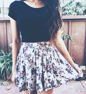 black tee and floral skirt